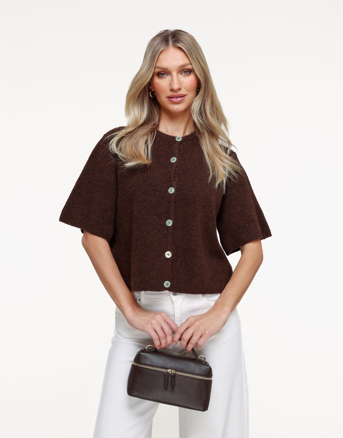 Dark Brown Knitted 3/4 Sleeves - Cardigan