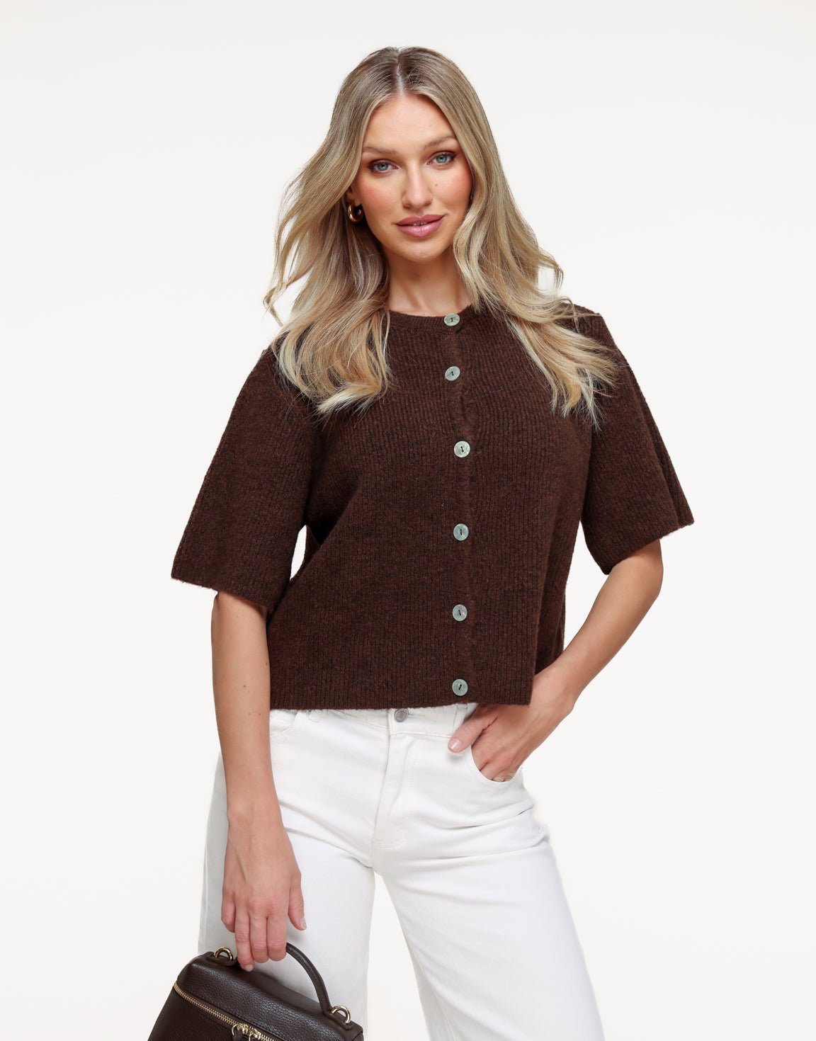 Dark Brown Knitted 3/4 Sleeves - Cardigan