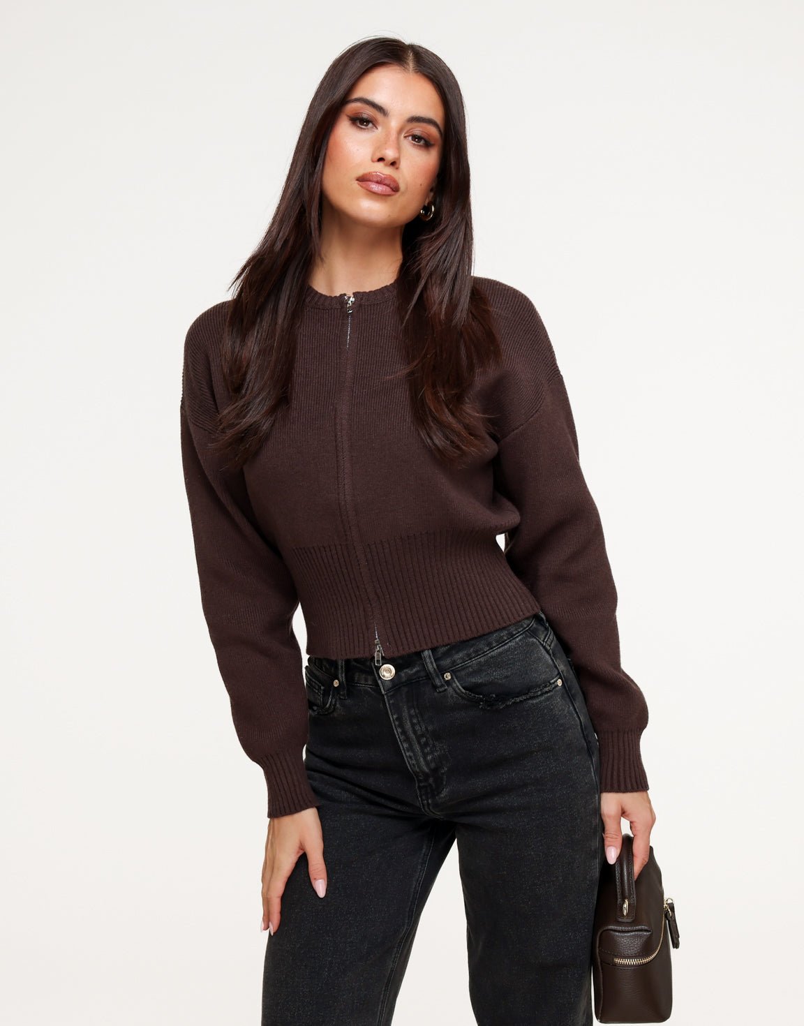 Dark Brown Knitted Zip - Cardigan