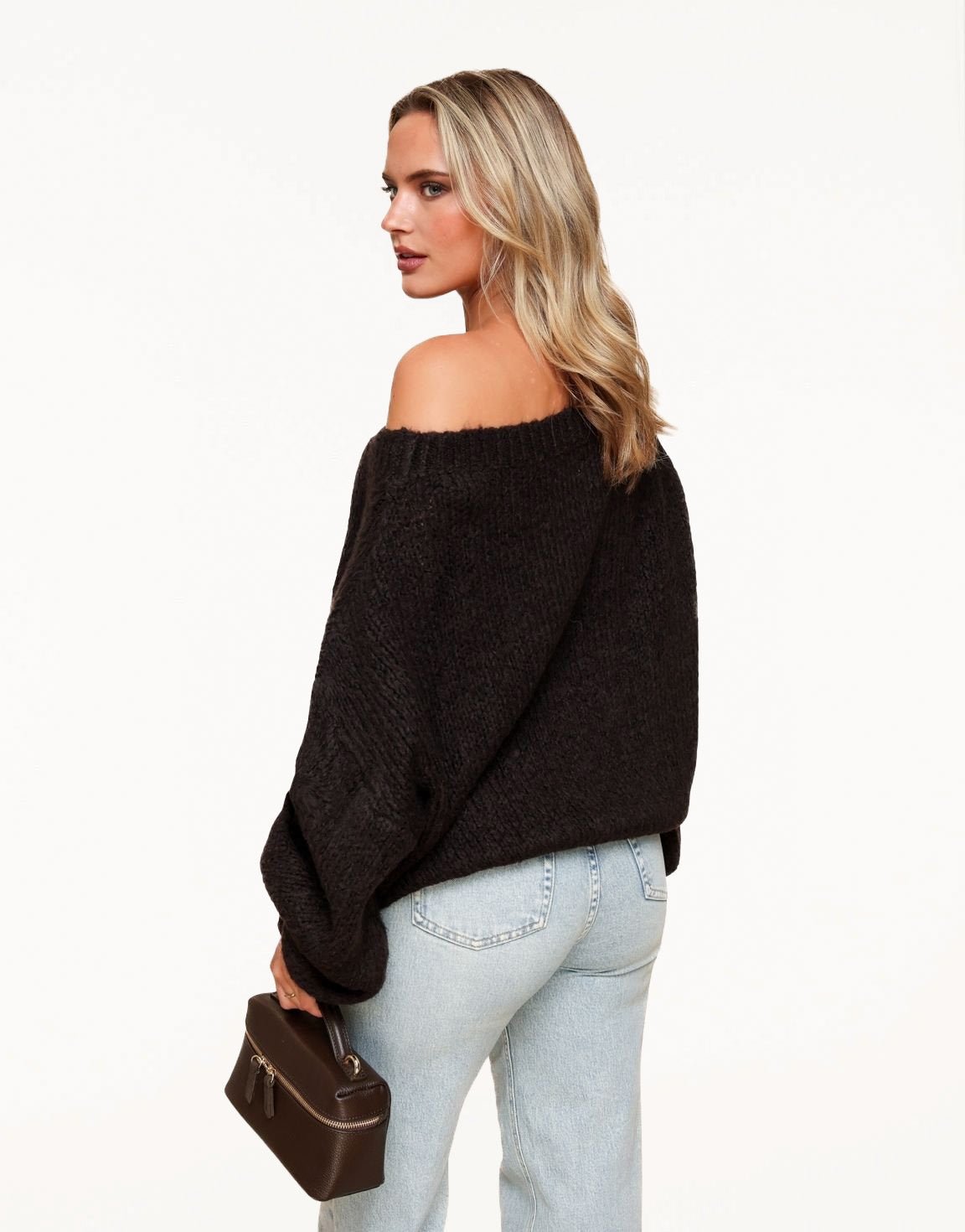 Dark Brown Knitted Wool Off Shoulder Sweater
