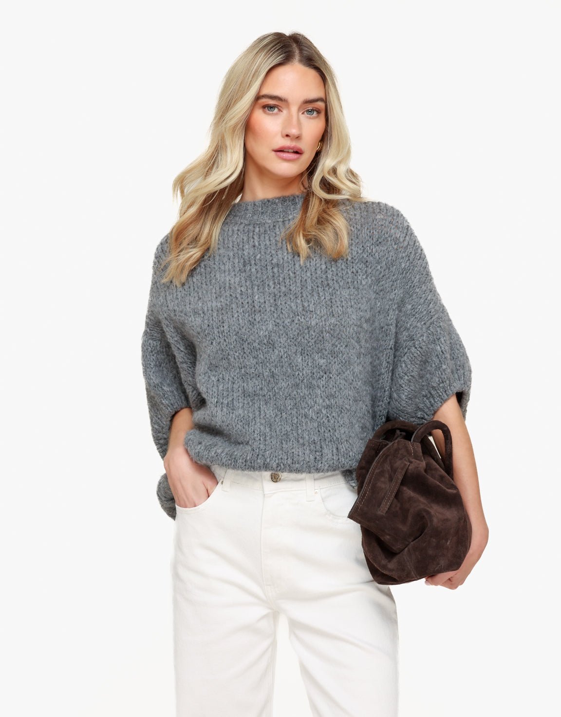 Dark Grey Knitted Wool 3/4 Sleeve - Sweater