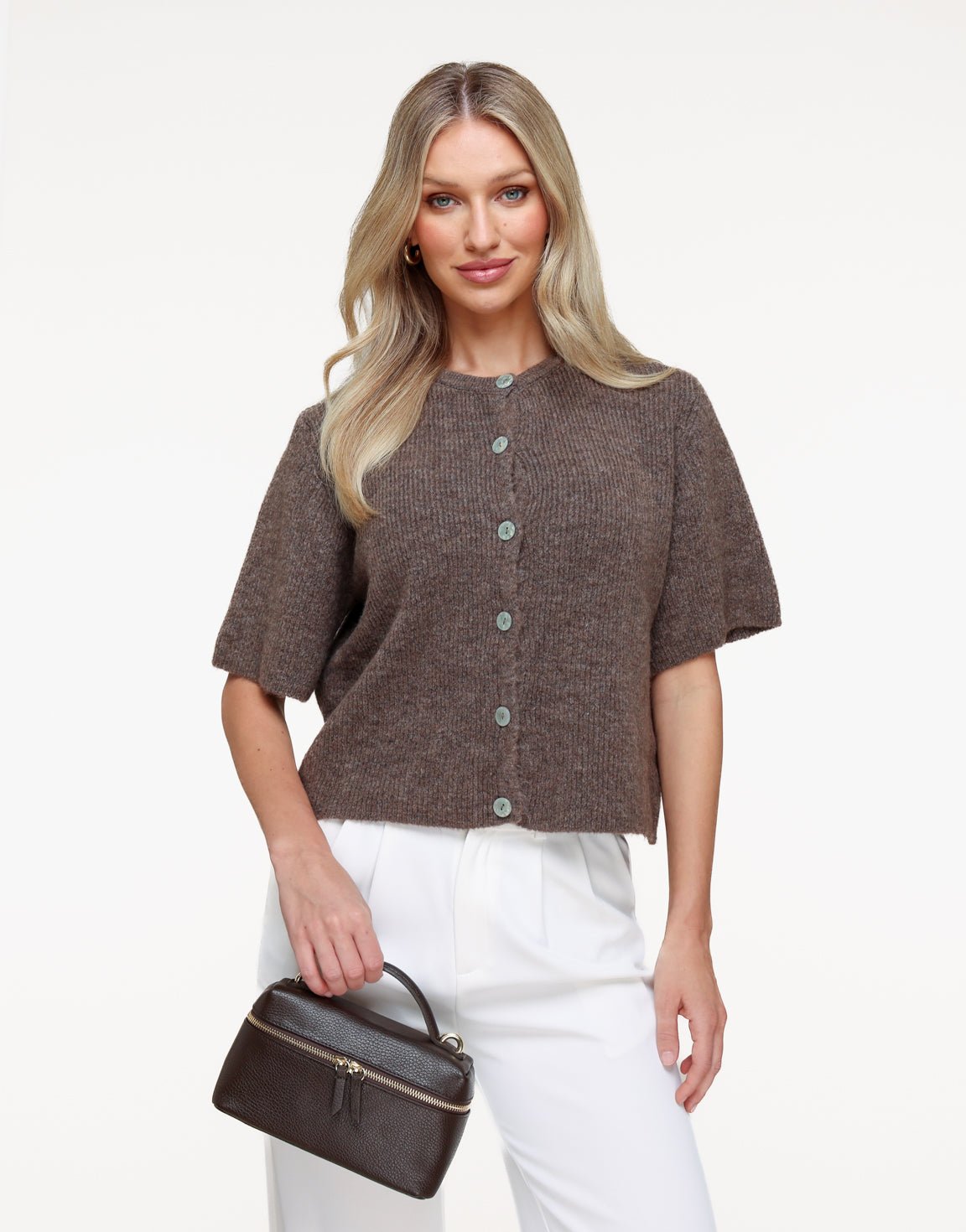Donkertaupe Knitted 3/4 Sleeves - Cardigan