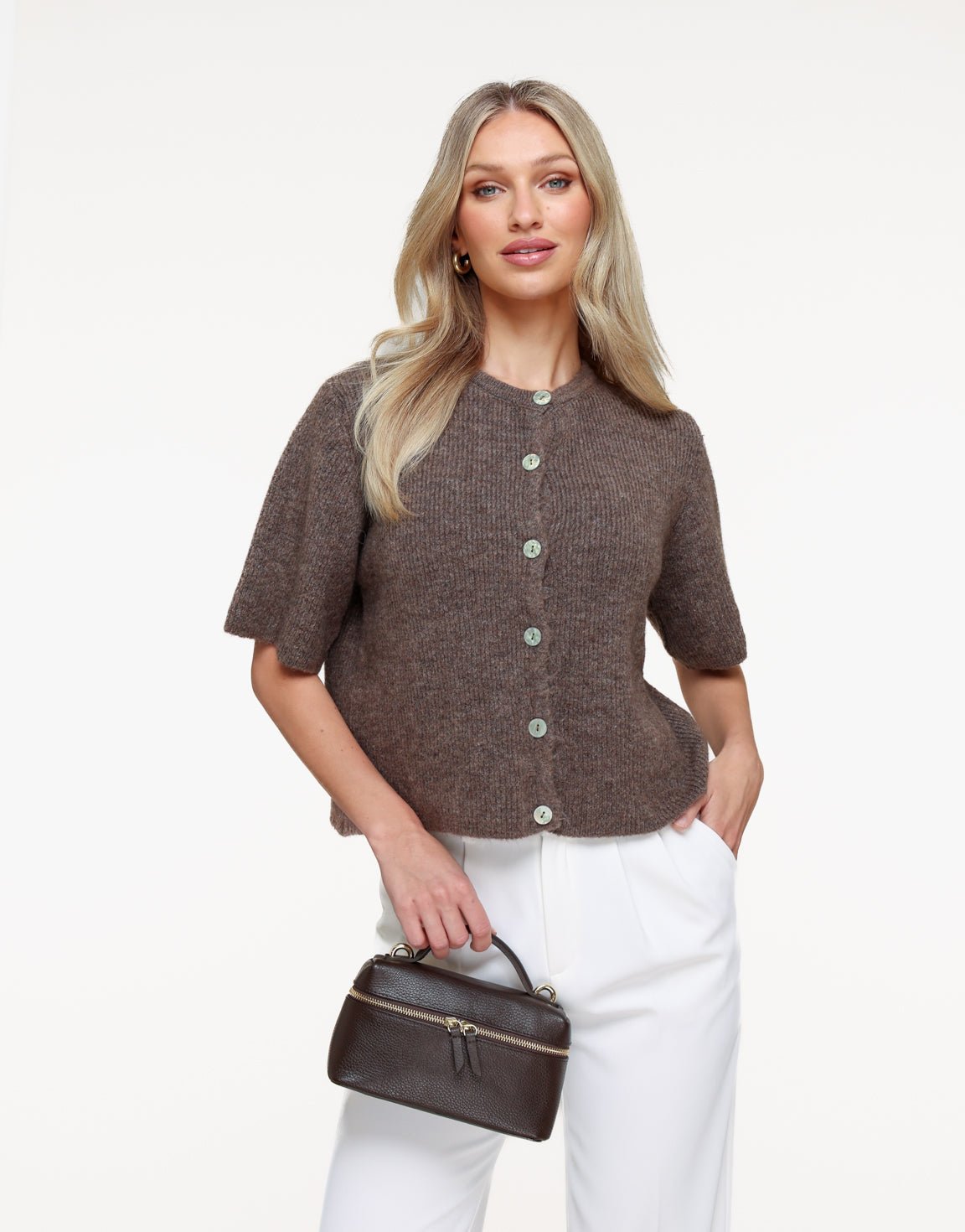 Donkertaupe Knitted 3/4 Sleeves - Cardigan