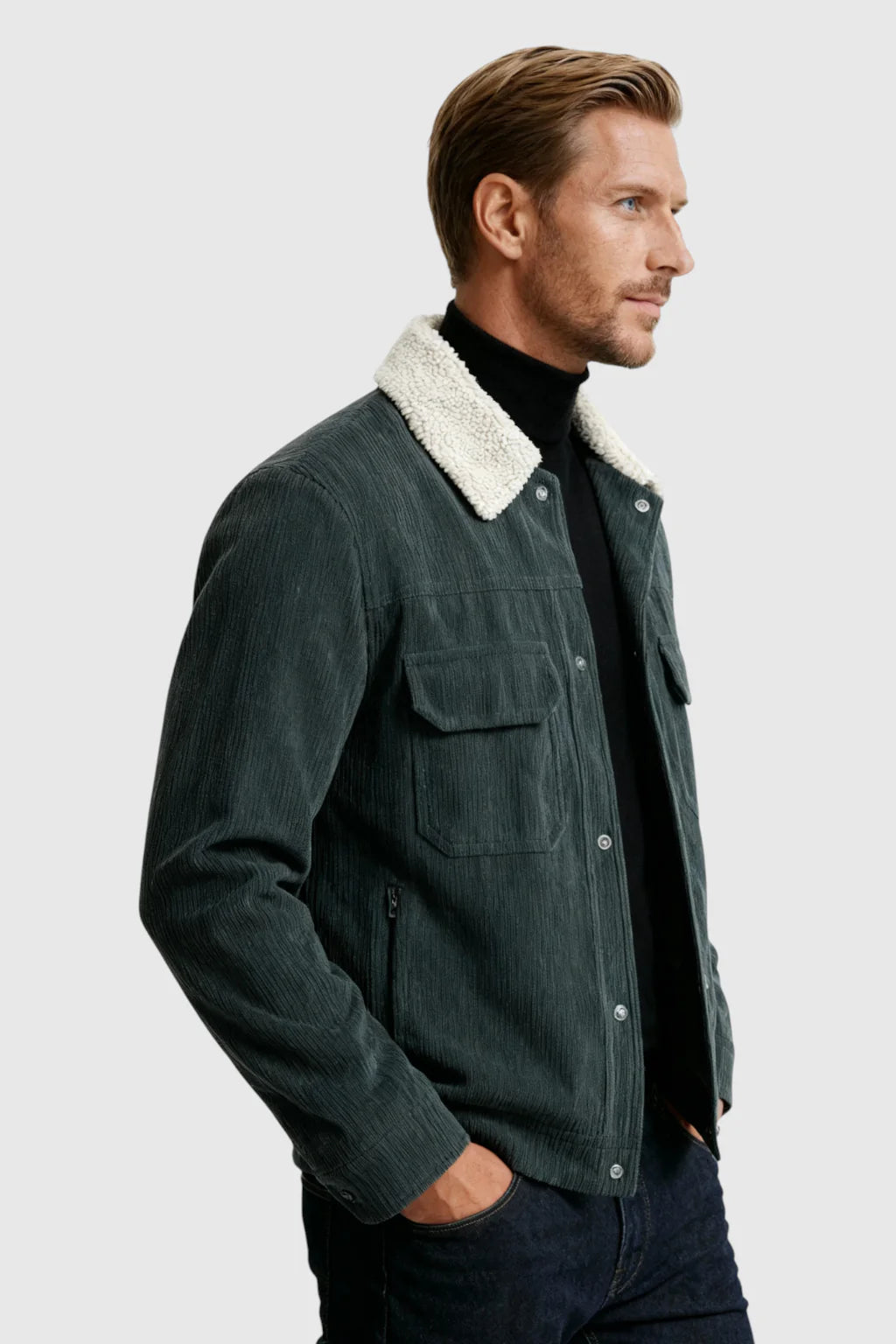 Men's Corduroy Jacket with Sherpa Collar and Snap Buttons - Dark Charcoal Gray