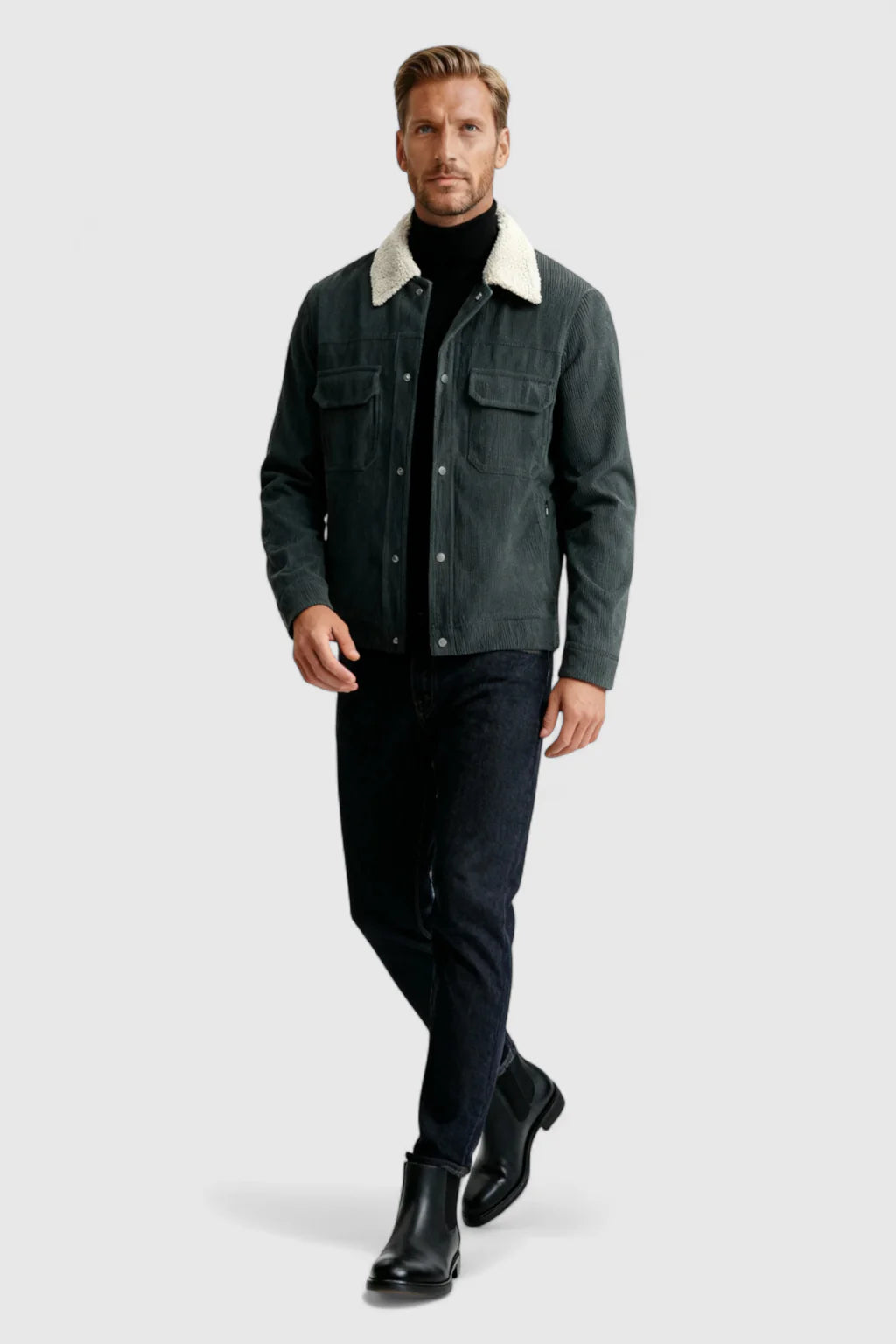 Men's Corduroy Jacket with Sherpa Collar and Snap Buttons - Dark Charcoal Gray