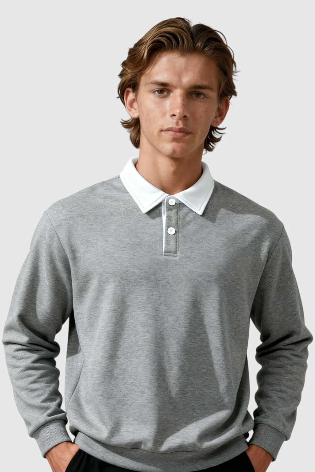 Men's Sweatshirt with Contrast Collar and Polo Neck – Gray