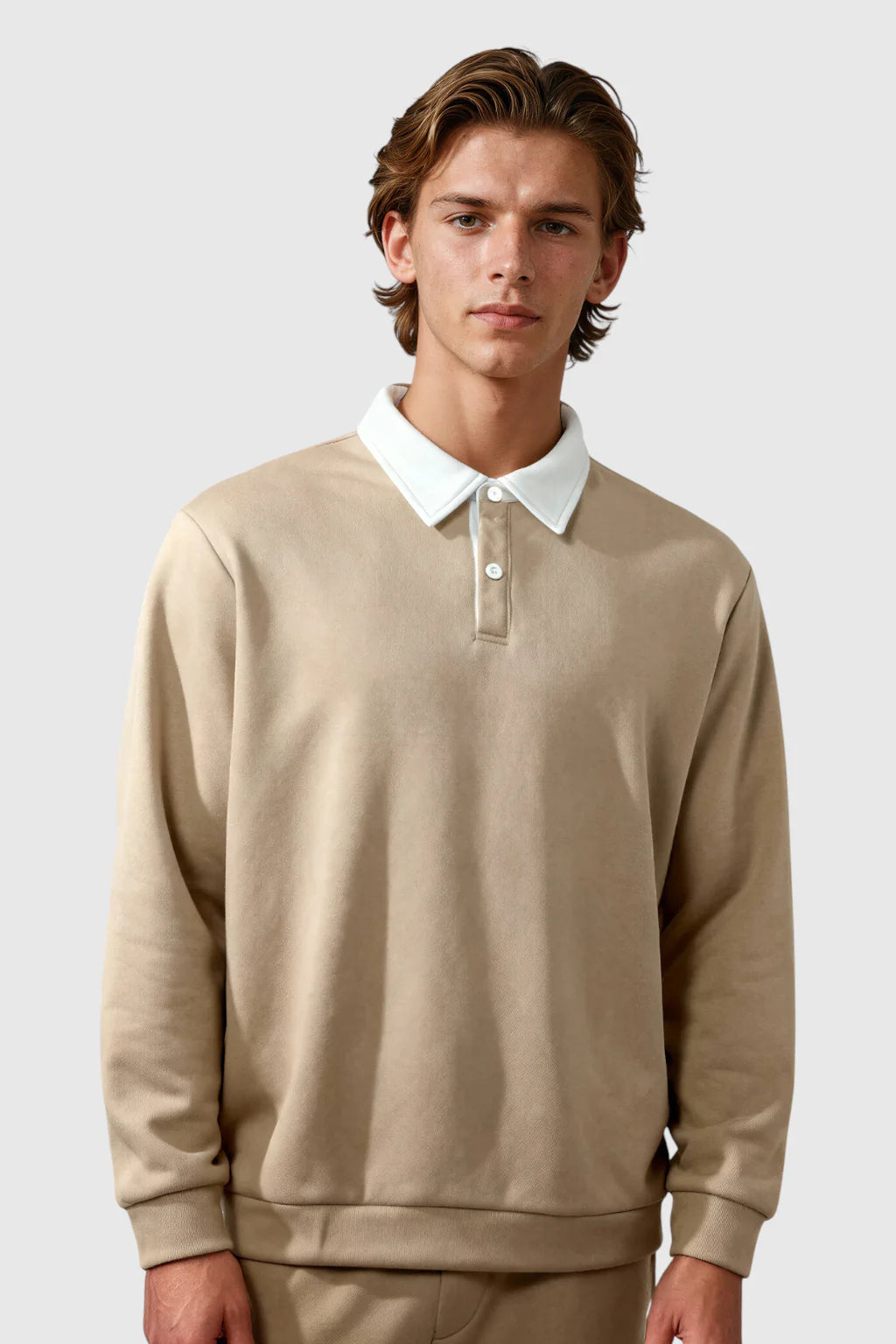 Men's Sweatshirt with Contrast Collar and Polo Neck – Beige