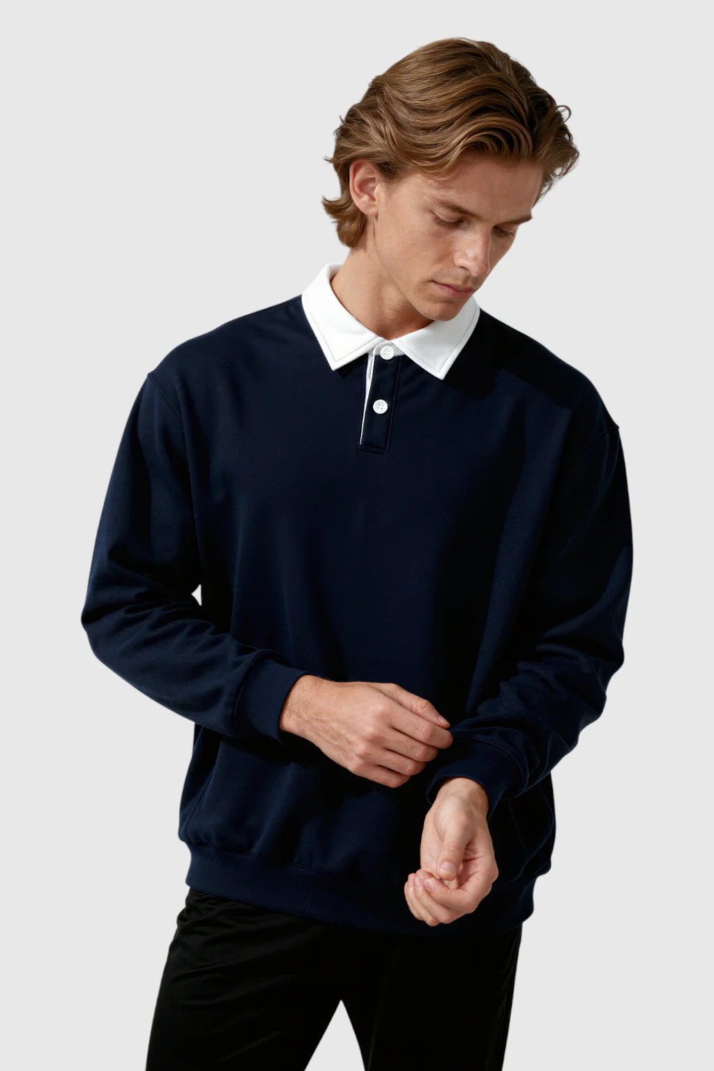 Men's Sweatshirt with Contrast Collar and Polo Neck – Dark Blue
