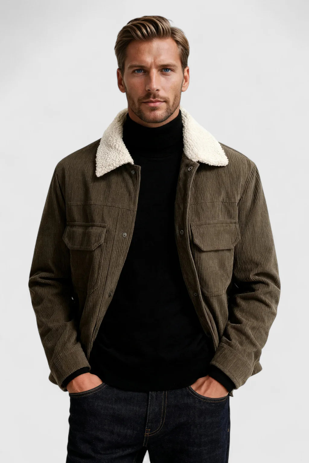 Men's Corduroy Jacket with Sherpa Collar and Snap Buttons - Coffee Brown