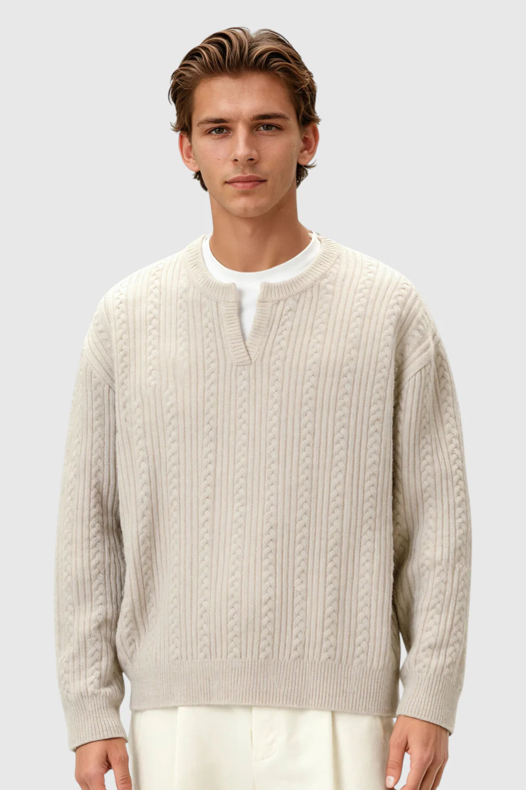 Men's Cable Knit Sweater with Small V-Neck – Oatmeal