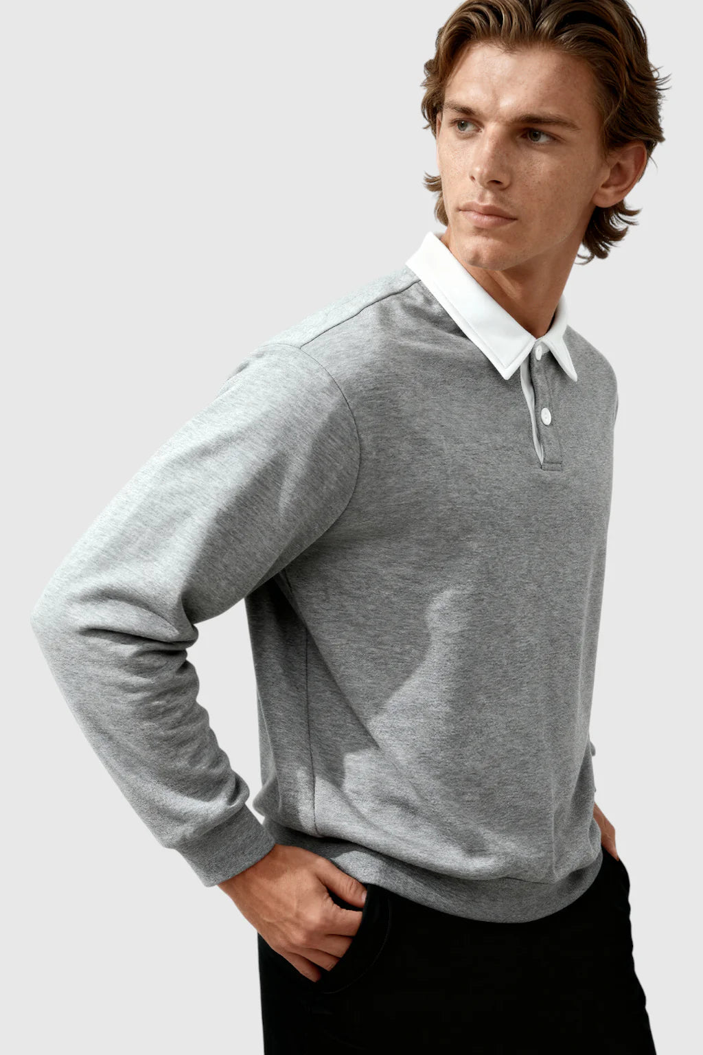 Men's Sweatshirt with Contrast Collar and Polo Neck – Gray