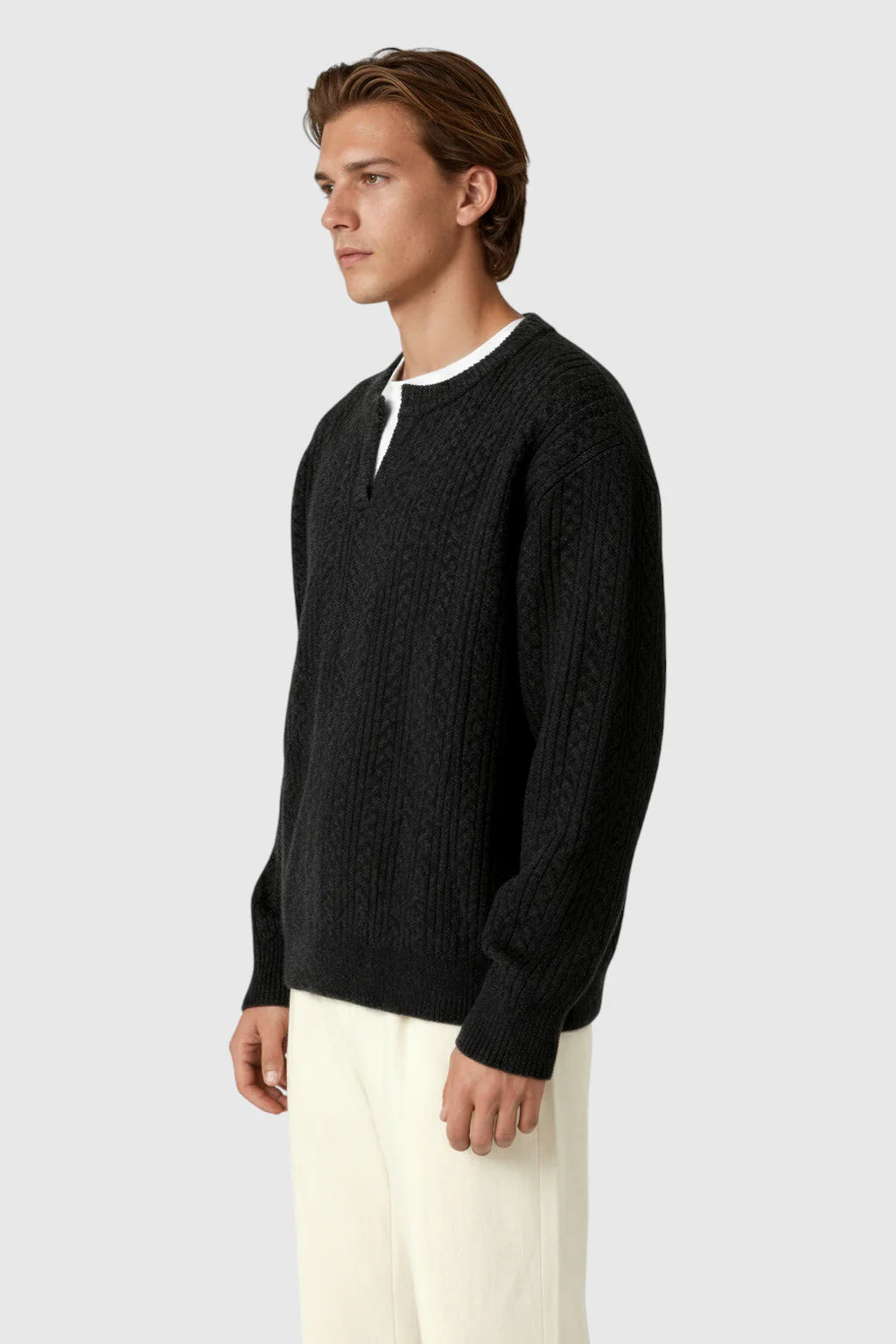 Men's Cable Knit Sweater with Small V-Neck – Graphite Black
