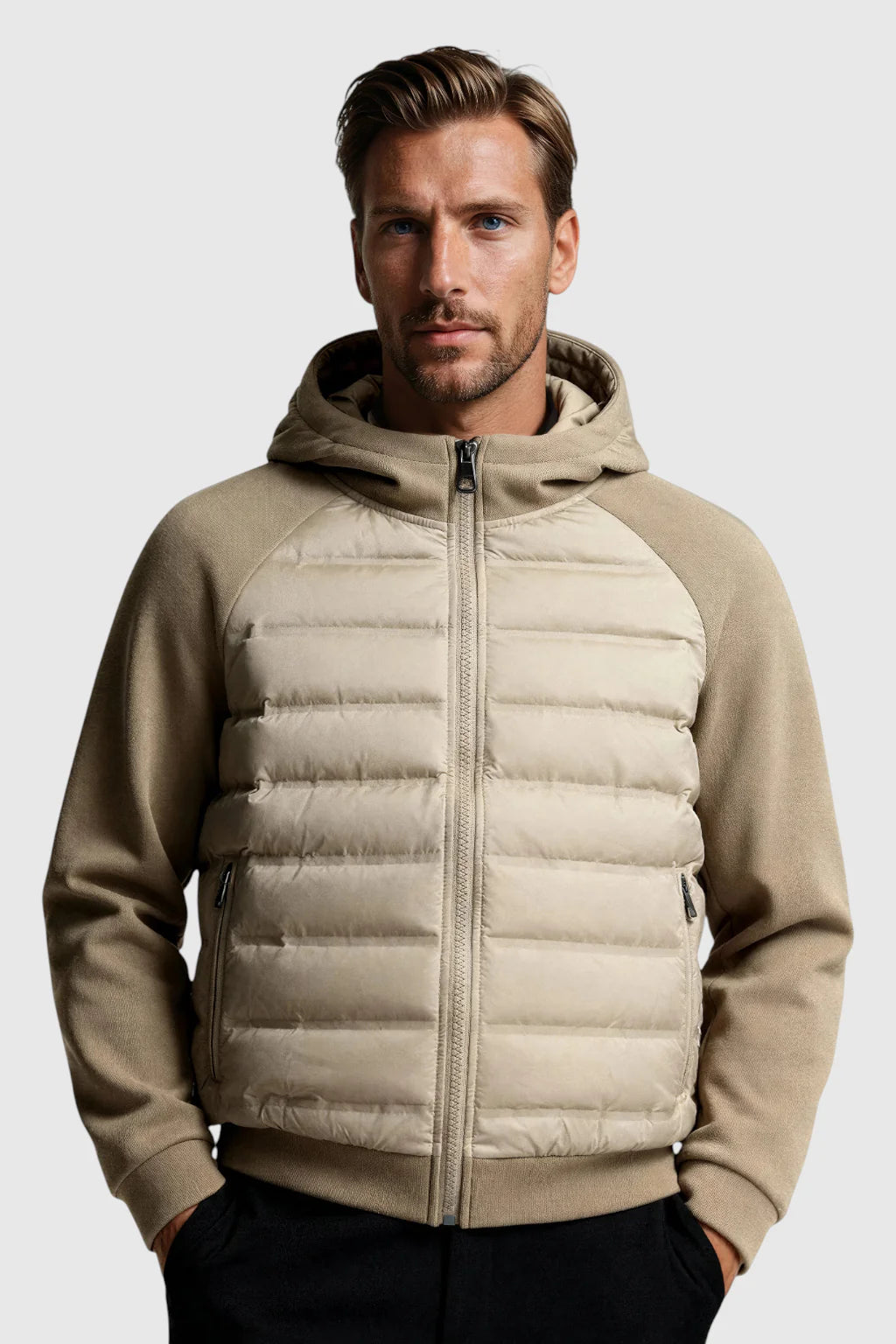 Loose Fit Hooded Jacket with Down – Khaki Beige