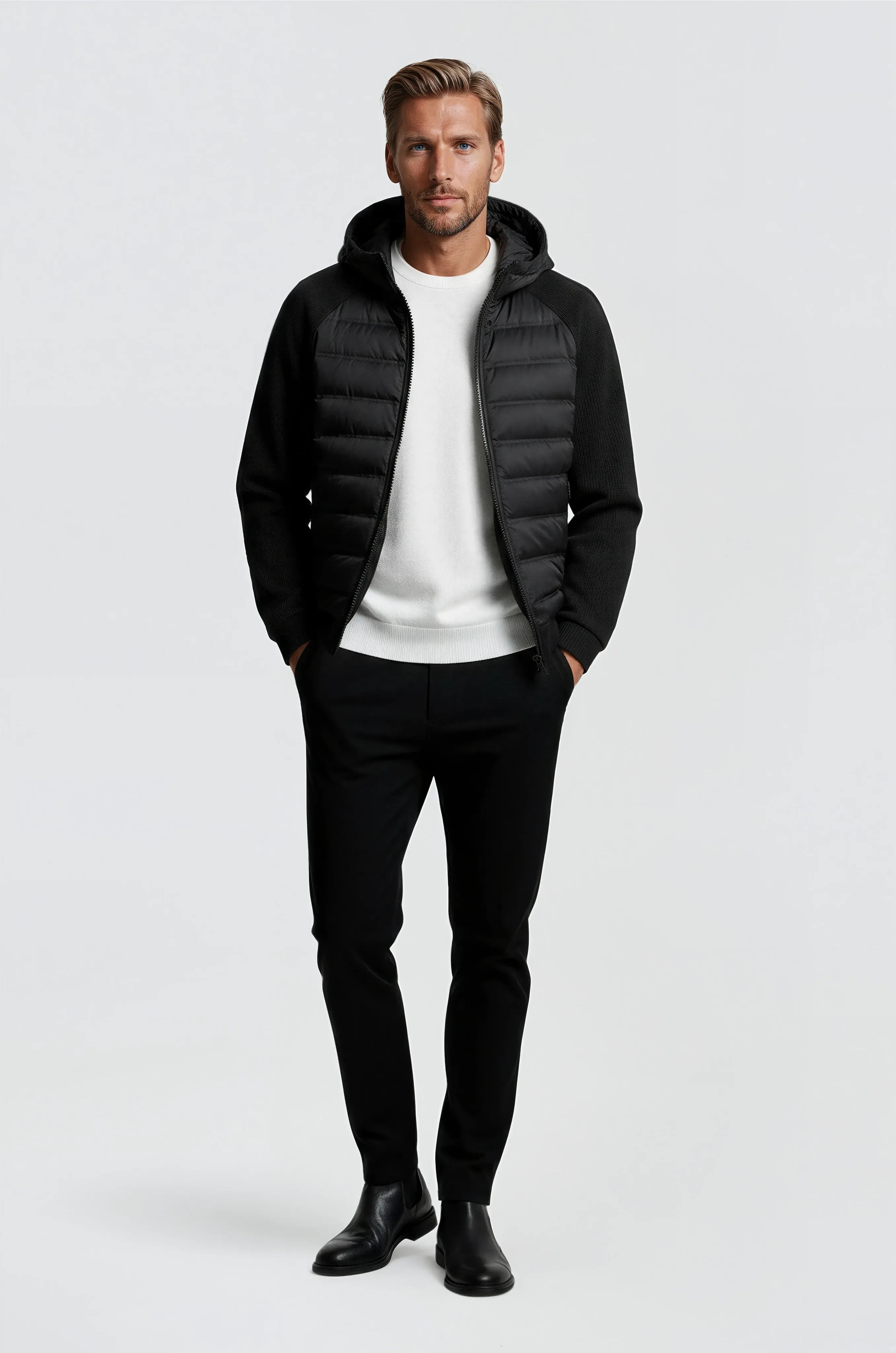 Loose Fit Hooded Jacket with Down – Black