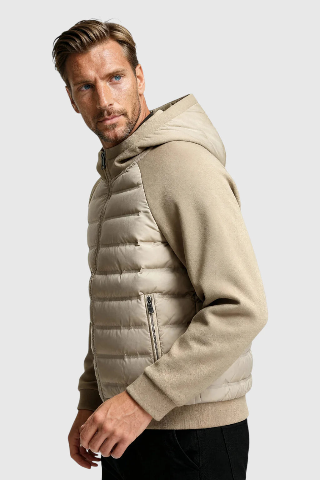 Loose Fit Down Jacket with Hood – Khaki Beige