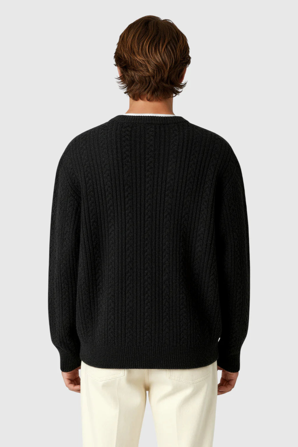 Men's Cable Knit Sweater with Small V-Neck – Graphite Black