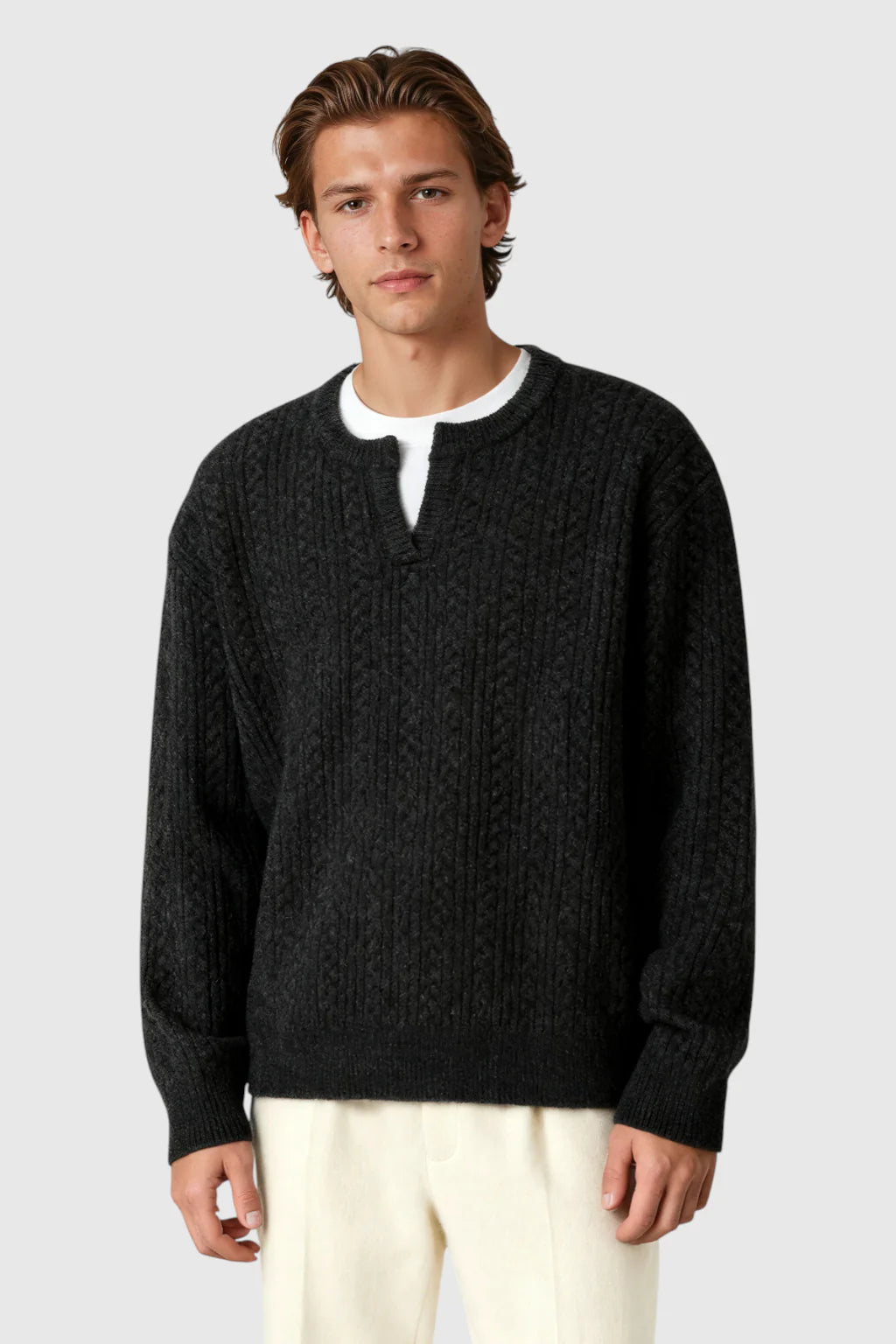 Men's Cable Knit Sweater with Small V-Neck – Graphite Black