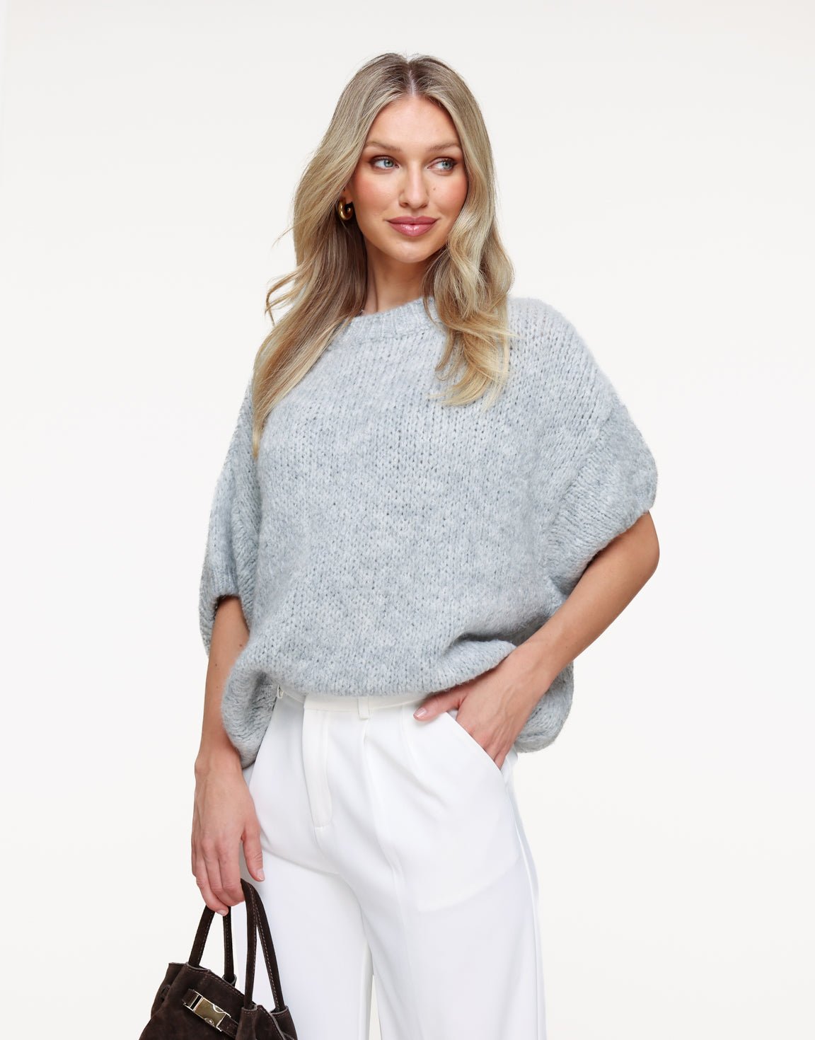 Light Grey Knitted Wool 3/4 Sleeve - Sweater