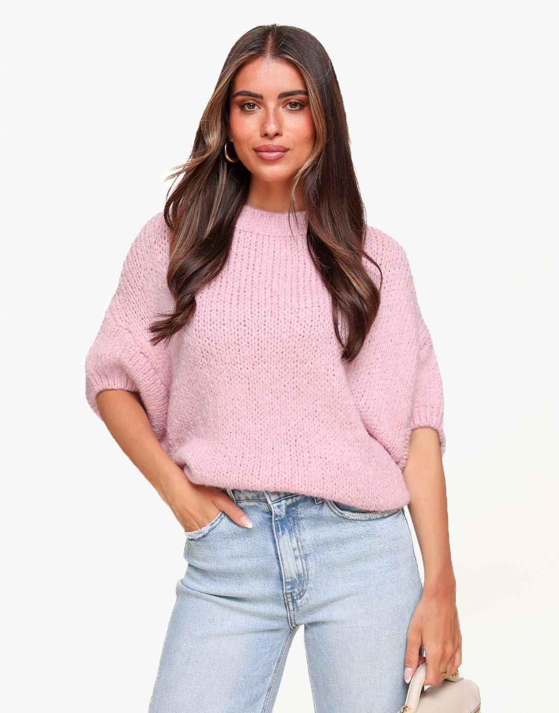 Light Pink Knitted Wool 3/4 Sleeves - Sweater
