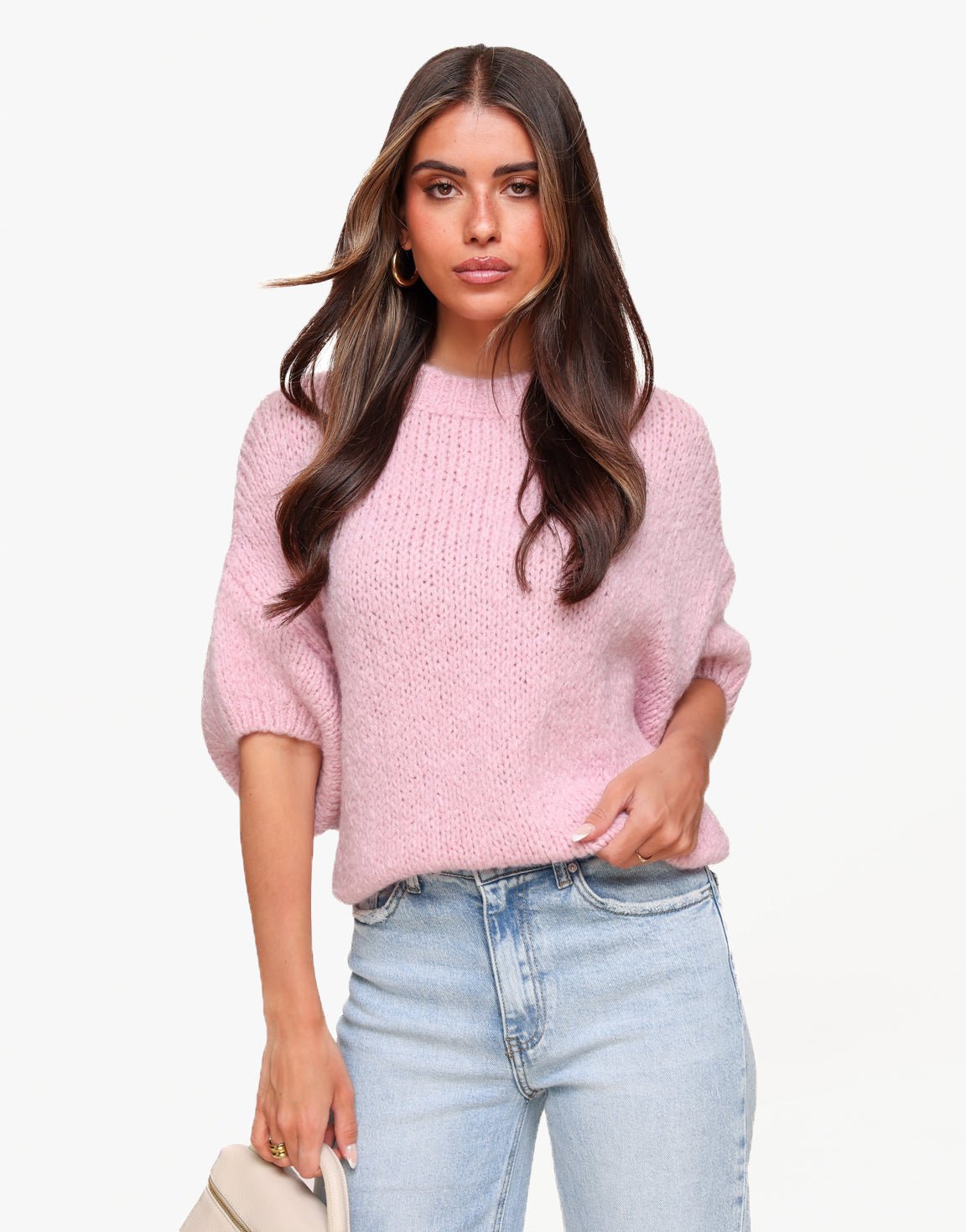 Light Pink Knitted Wool 3/4 Sleeves - Sweater