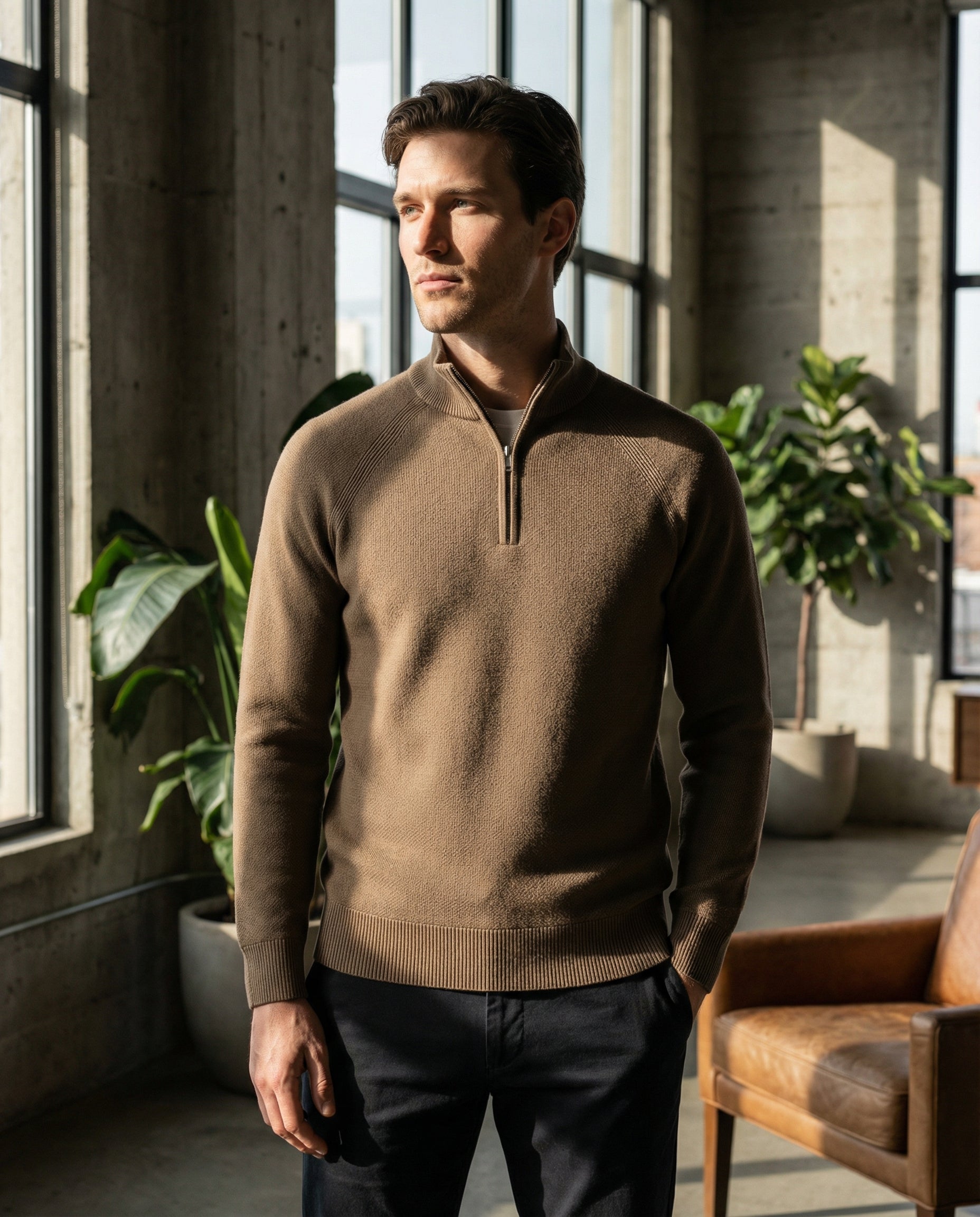 Men's Half-Zip Knit Sweater with Stand Collar – Taupe Brown
