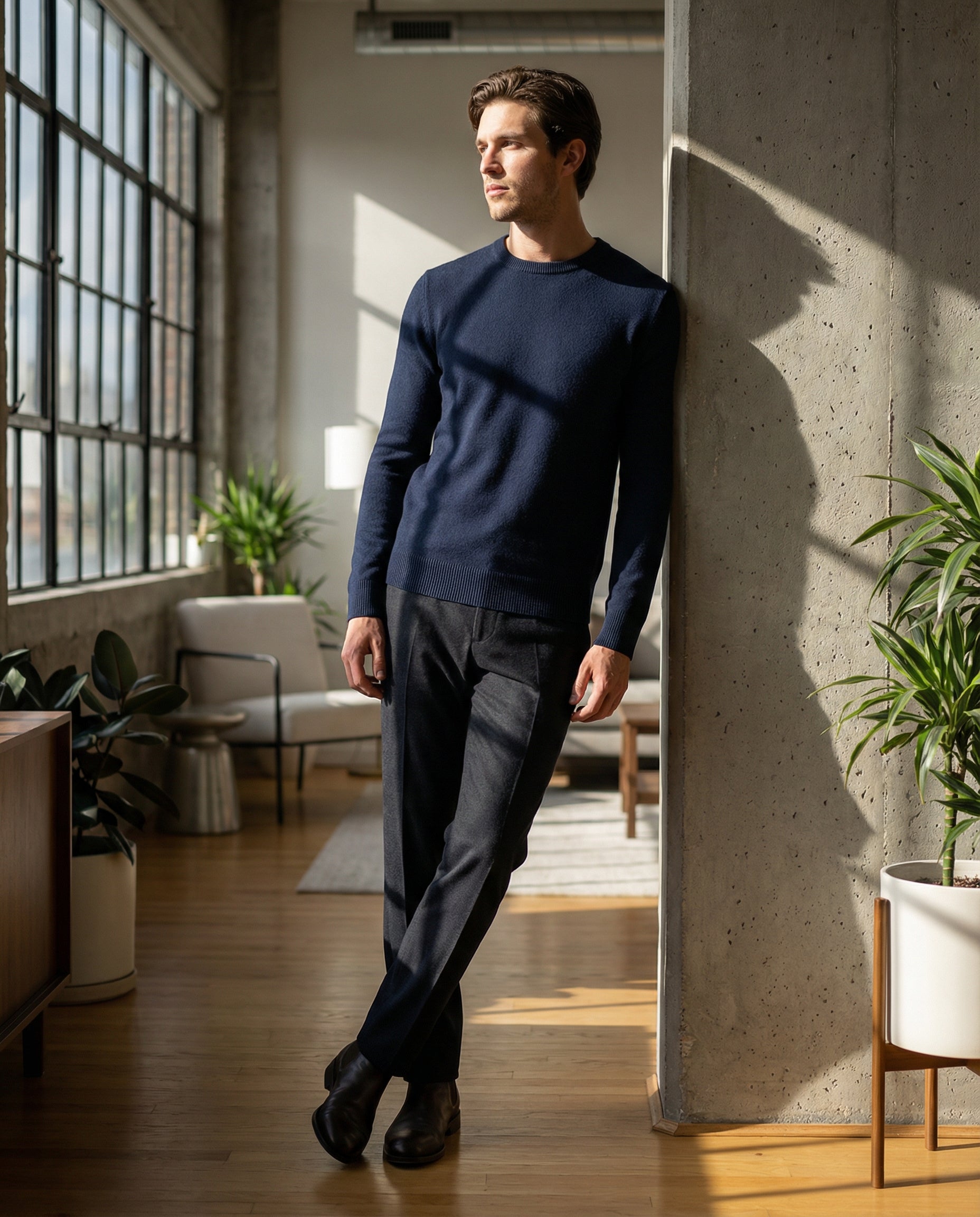 Men's Classic Crew Neck Pullover Sweater – Solid Color, Ribbed Details, Casual Fit – Navy