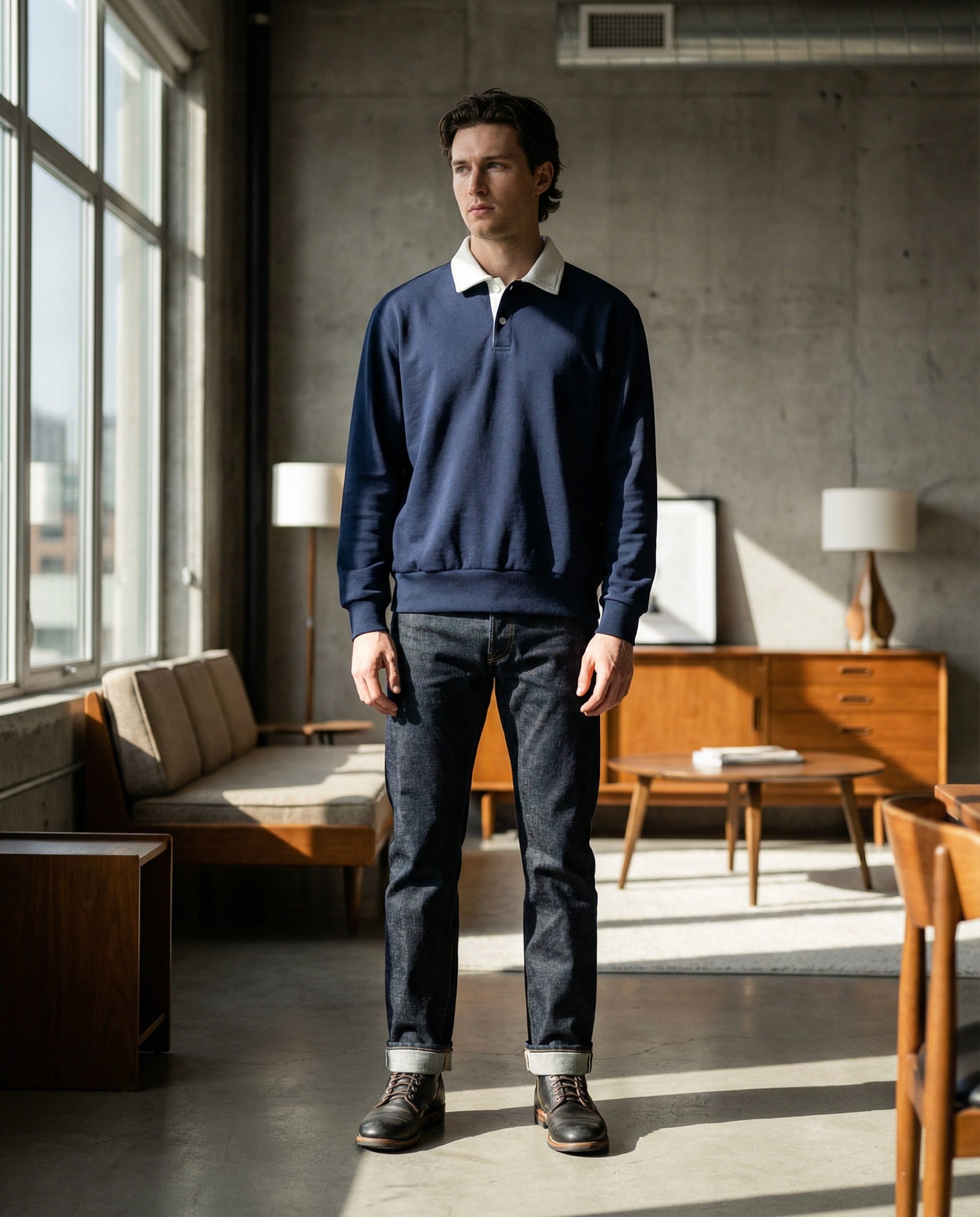 Men's Sweatshirt with Contrast Collar and Polo Neck – Dark Blue