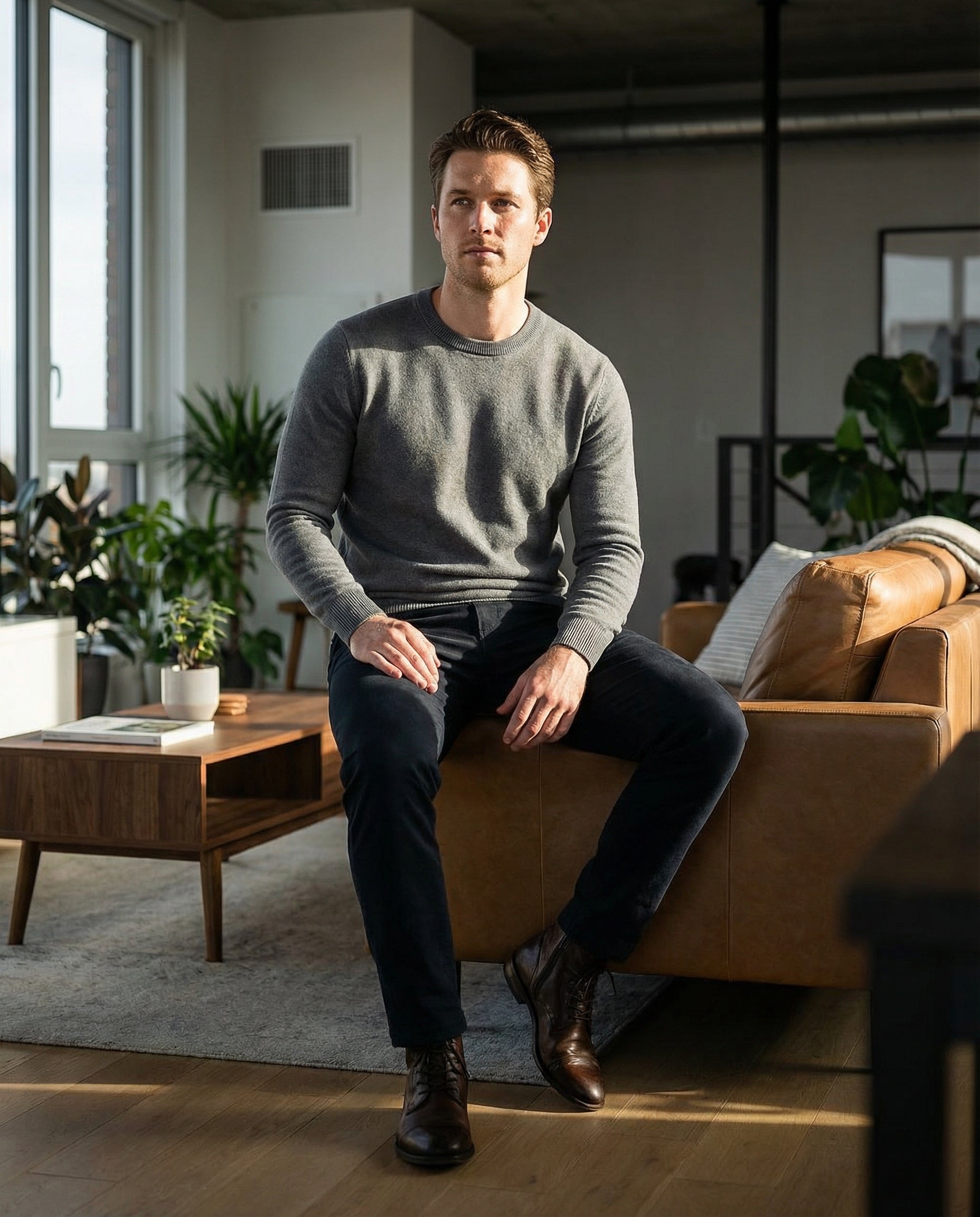 Men's Classic Crew Neck Pullover Sweater – Solid Color, Ribbed Details, Casual Fit – Gray