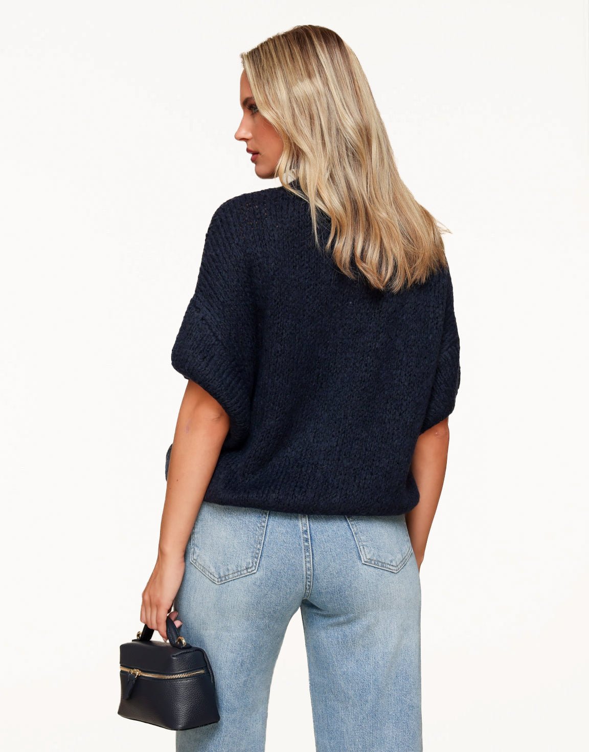 Navy Knitted Wool 3/4 Sleeves - Sweater