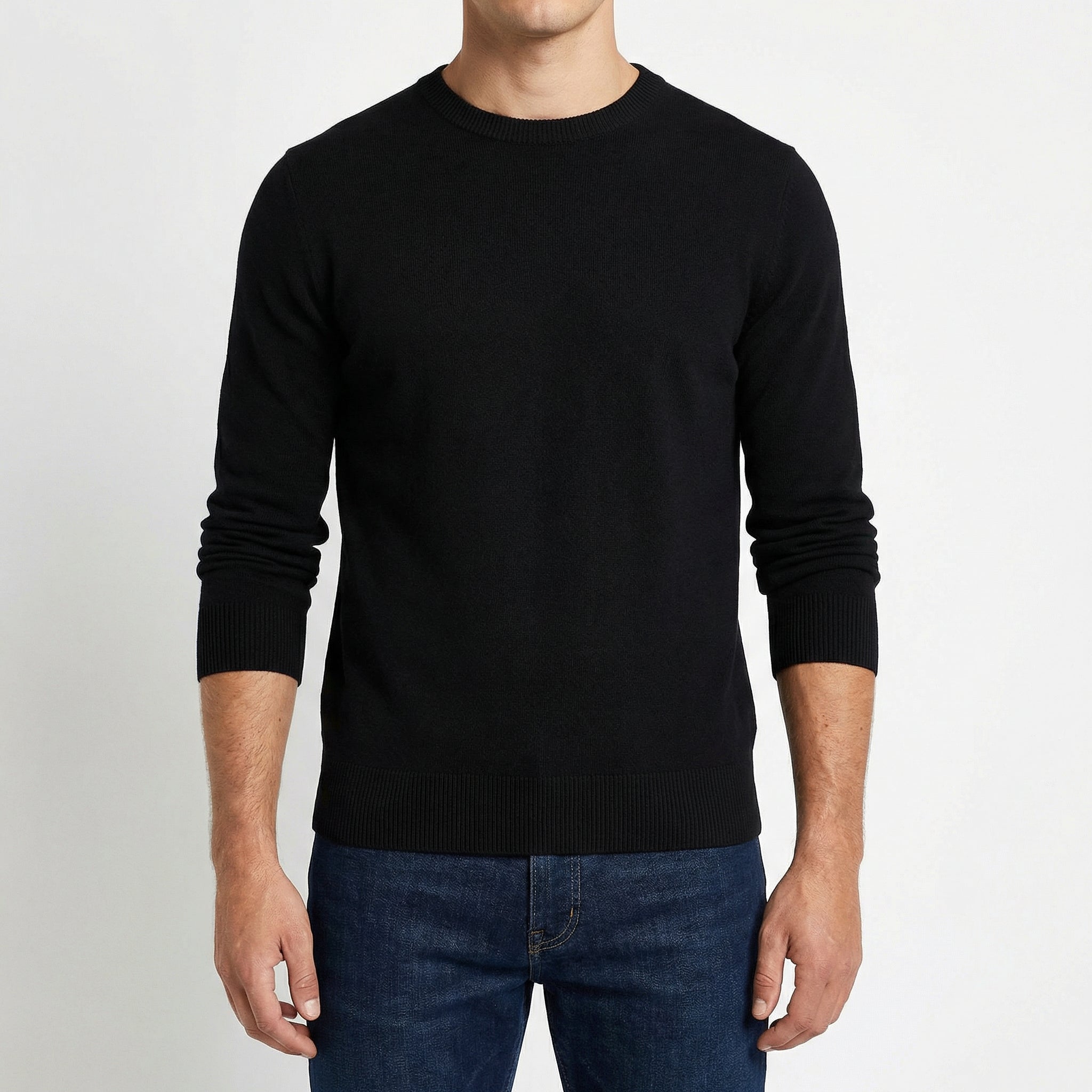 Men's Classic Crew Neck Pullover Sweater – Solid Color, Ribbed Details, Casual Fit – Black