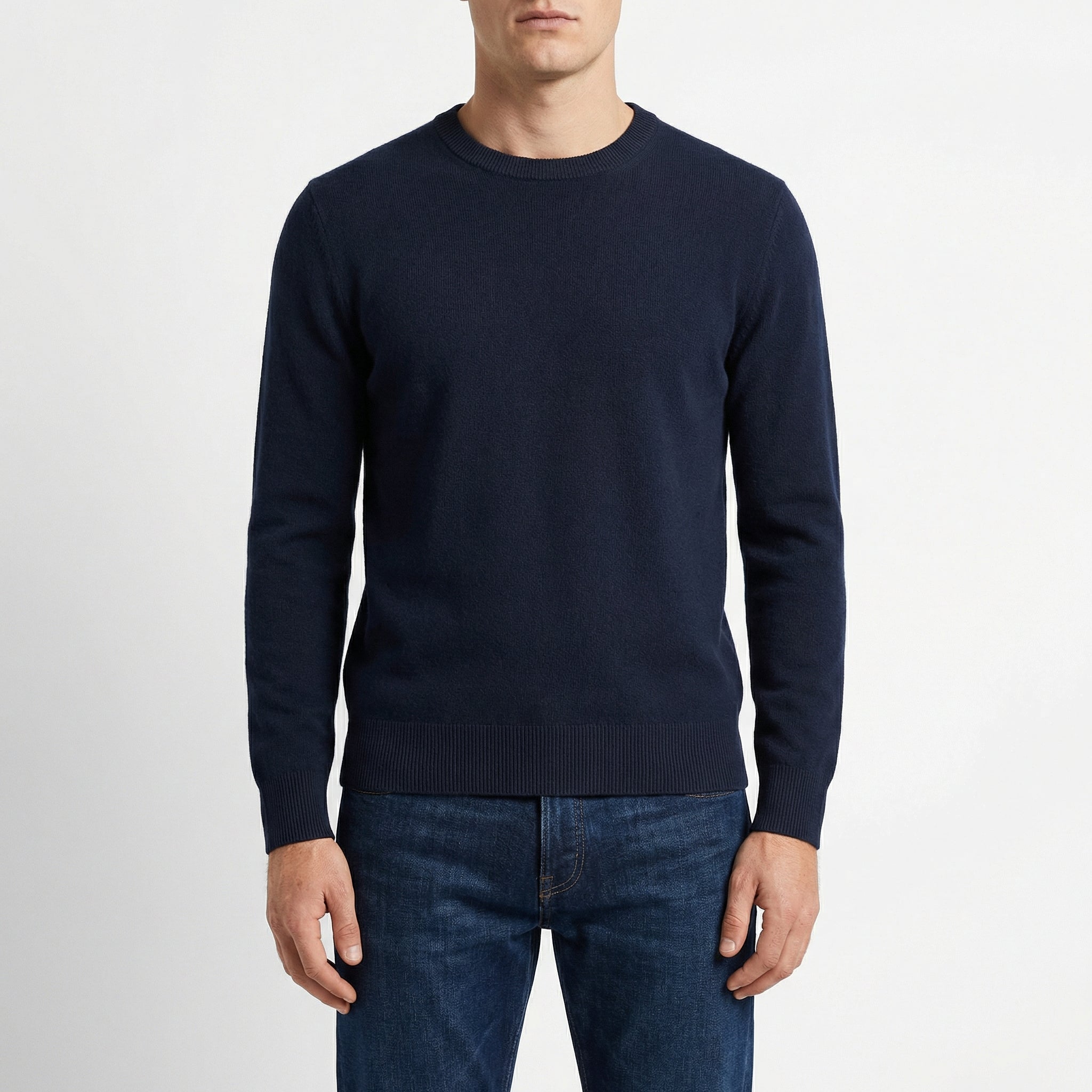 Men's Classic Crew Neck Pullover Sweater – Solid Color, Ribbed Details, Casual Fit – Navy