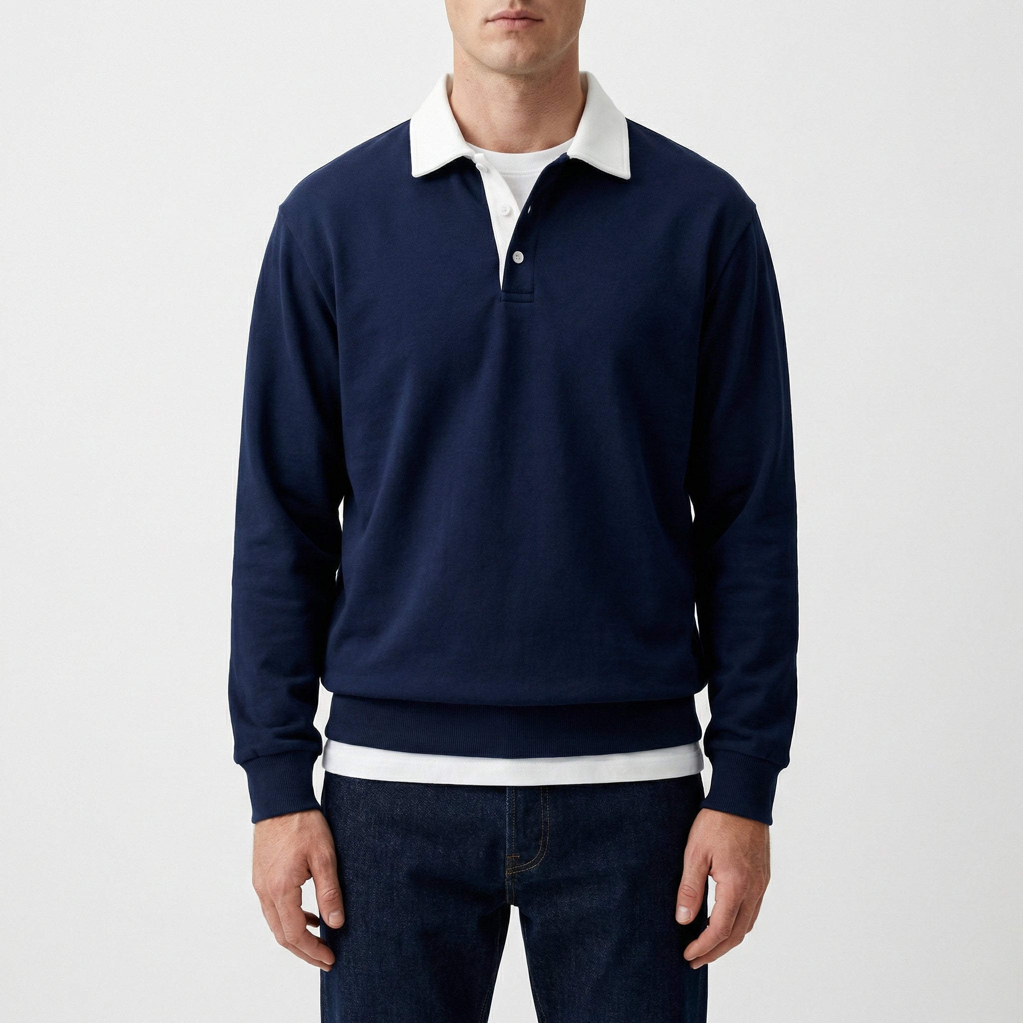 Men's Sweatshirt with Contrast Collar and Polo Neck – Dark Blue