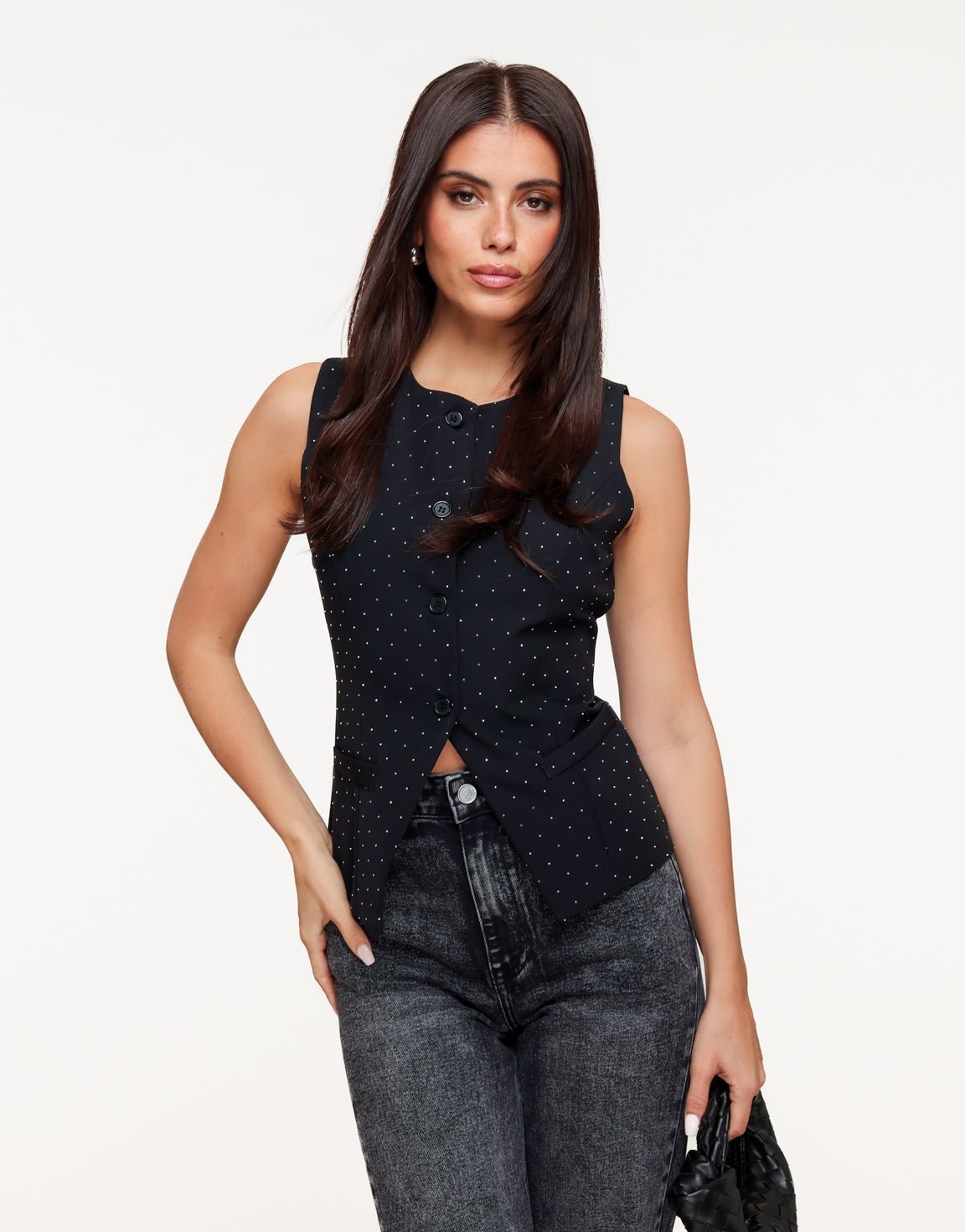 Black High Button Silver Glitter Stones - Gilet
